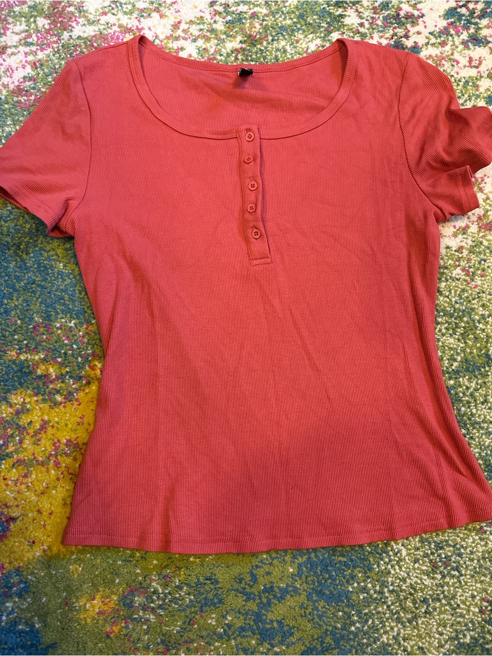 Ribbed Short-Sleeve Henley Tee in Coral